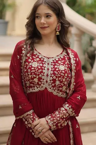 Red georgette readymade anarkali suit with embroidery & sequence work