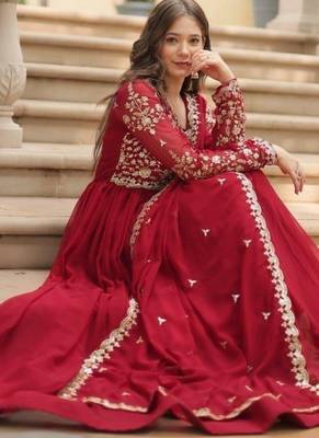 Red georgette readymade anarkali suit with embroidery & sequence work 3