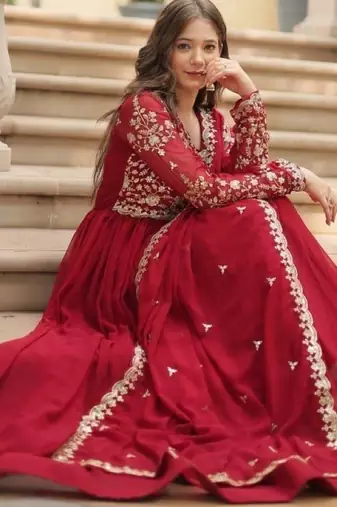 Red georgette readymade anarkali suit with embroidery & sequence work