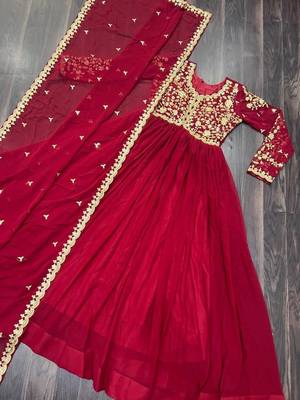 Red georgette readymade anarkali suit with embroidery & sequence work 4