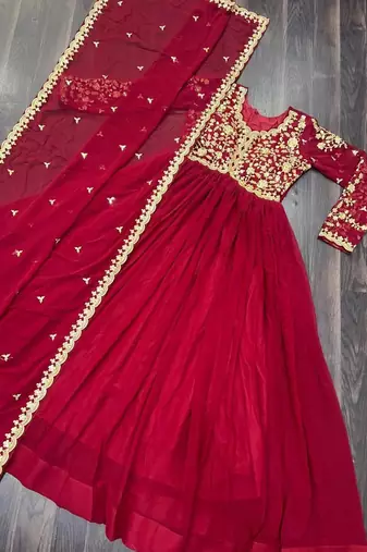 Red georgette readymade anarkali suit with embroidery & sequence work