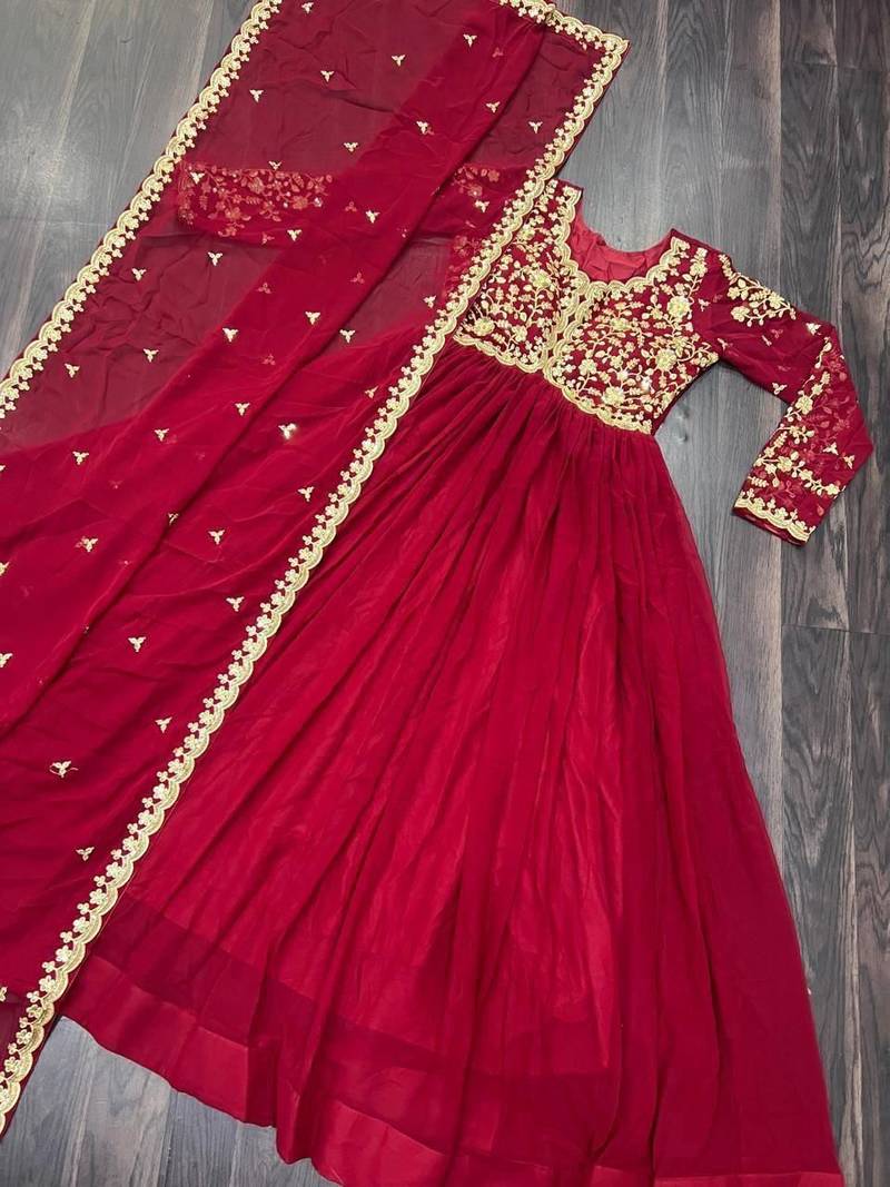 Red georgette readymade anarkali suit with embroidery & sequence work