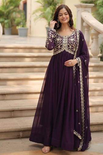 Violet georgette readymade anarkali suit with embroidery & sequence work