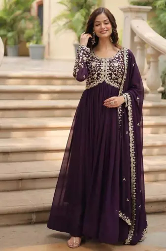 Violet georgette readymade anarkali suit with embroidery & sequence work