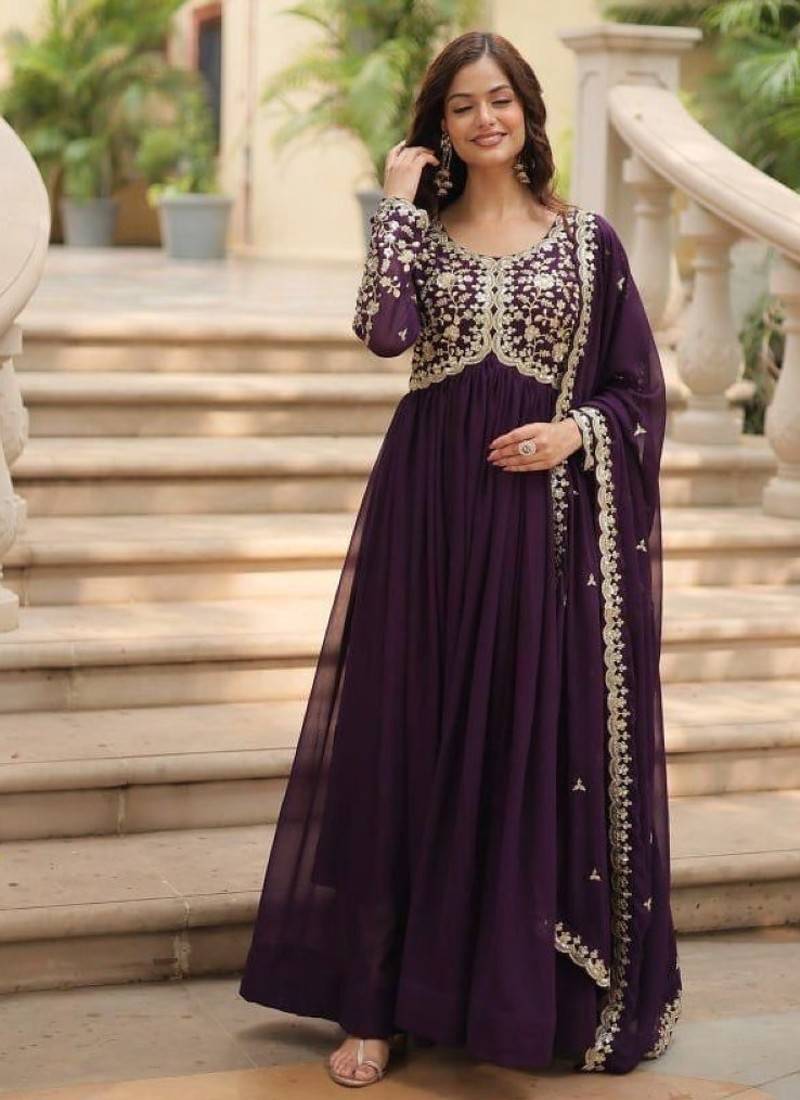 Violet georgette readymade anarkali suit with embroidery & sequence work