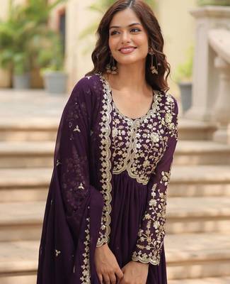 Violet georgette readymade anarkali suit with embroidery & sequence work 2