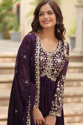 Violet georgette readymade anarkali suit with embroidery & sequence work