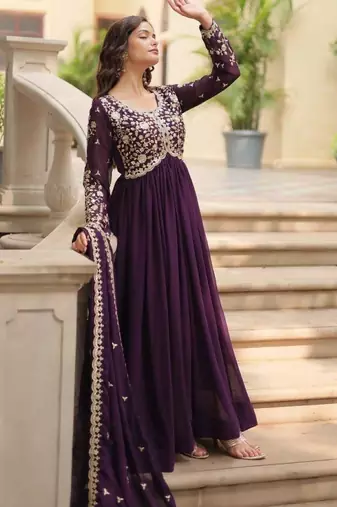 Violet georgette readymade anarkali suit with embroidery & sequence work