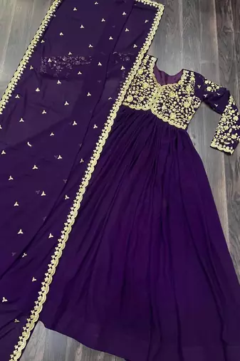 Violet georgette readymade anarkali suit with embroidery & sequence work