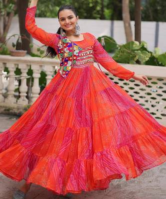 Orange georgette readymade navratri anarkali with leheriya & kutchi patchwork 1