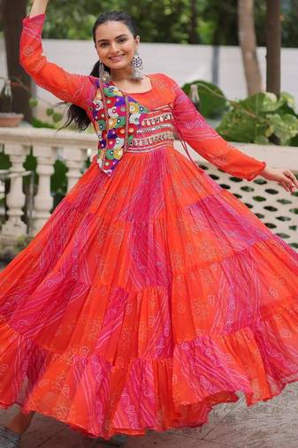 Orange georgette readymade navratri anarkali with leheriya & kutchi patchwork