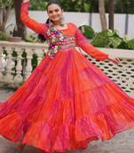 Orange georgette readymade navratri anarkali with leheriya & kutchi patchwork