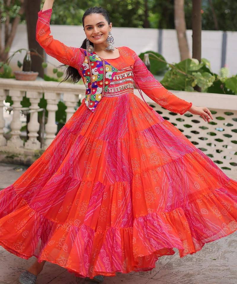 Orange georgette readymade navratri anarkali with leheriya & kutchi patchwork