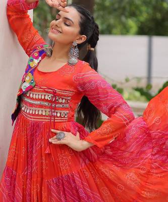 Orange georgette readymade navratri anarkali with leheriya & kutchi patchwork 2