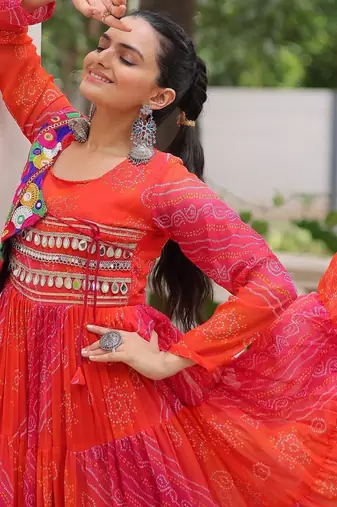 Orange georgette readymade navratri anarkali with leheriya & kutchi patchwork