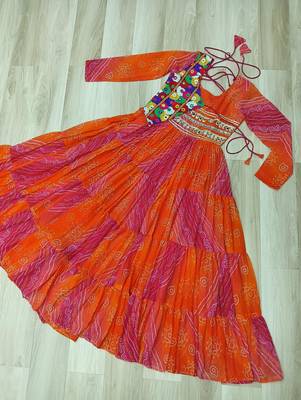 Orange georgette readymade navratri anarkali with leheriya & kutchi patchwork 3