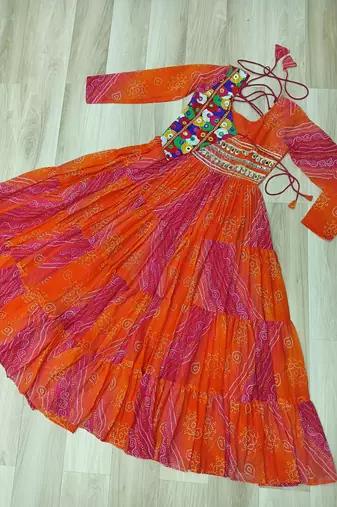 Orange georgette readymade navratri anarkali with leheriya & kutchi patchwork