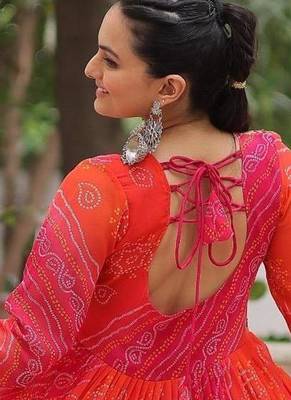 Orange georgette readymade navratri anarkali with leheriya & kutchi patchwork 4