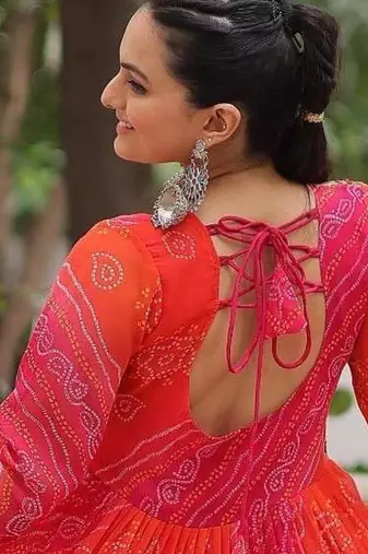 Orange georgette readymade navratri anarkali with leheriya & kutchi patchwork