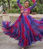 Blue georgette readymade navratri anarkali with leheriya & kutchi patchwork