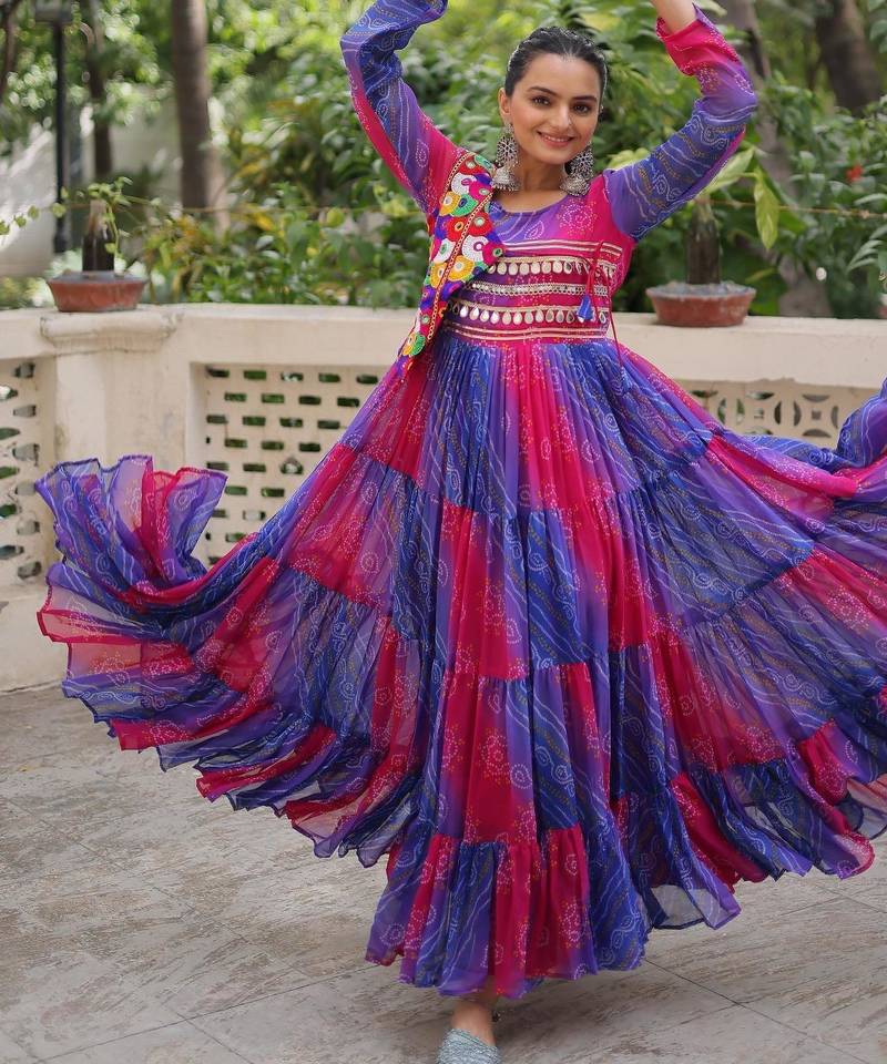 Blue georgette readymade navratri anarkali with leheriya & kutchi patchwork