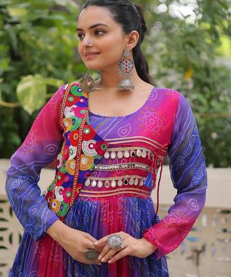 Blue georgette readymade navratri anarkali with leheriya & kutchi patchwork 2