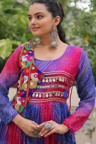 Blue georgette readymade navratri anarkali with leheriya & kutchi patchwork