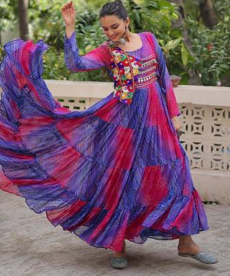 Blue georgette readymade navratri anarkali with leheriya & kutchi patchwork 3