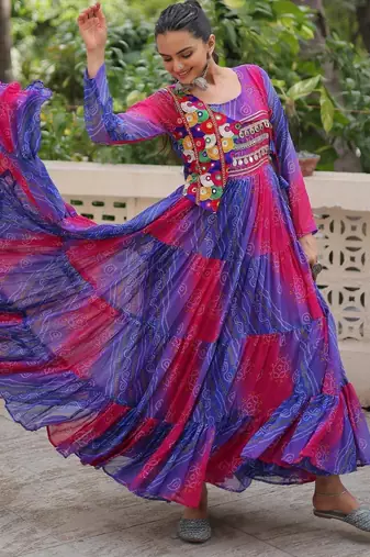 Blue georgette readymade navratri anarkali with leheriya & kutchi patchwork