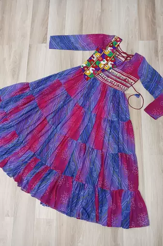 Blue georgette readymade navratri anarkali with leheriya & kutchi patchwork