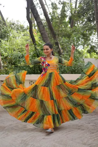 Yellow georgette readymade navratri anarkali with leheriya & kutchi patchwork