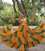Yellow georgette readymade navratri anarkali with leheriya & kutchi patchwork