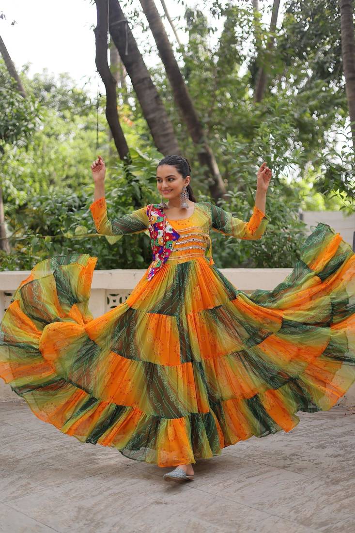 Yellow georgette readymade navratri anarkali with leheriya & kutchi patchwork