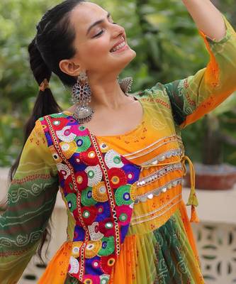 Yellow georgette readymade navratri anarkali with leheriya & kutchi patchwork 2
