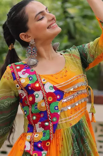 Yellow georgette readymade navratri anarkali with leheriya & kutchi patchwork