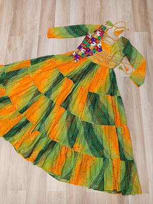 Yellow georgette readymade navratri anarkali with leheriya & kutchi patchwork 3
