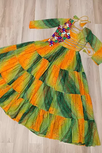 Yellow georgette readymade navratri anarkali with leheriya & kutchi patchwork