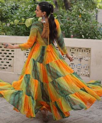 Yellow georgette readymade navratri anarkali with leheriya & kutchi patchwork 4