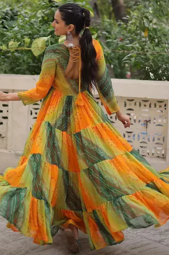 Yellow georgette readymade navratri anarkali with leheriya & kutchi patchwork