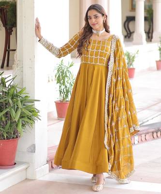 Mustard vichitra readymade anarkali suit with zari embroidery & sequence work 1