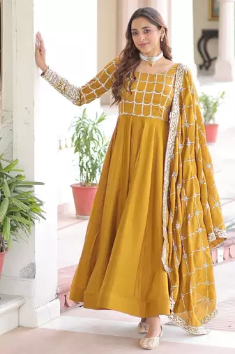 Mustard vichitra readymade anarkali suit with zari embroidery & sequence work