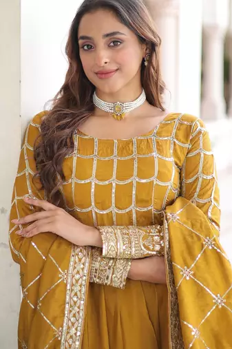 Mustard vichitra readymade anarkali suit with zari embroidery & sequence work