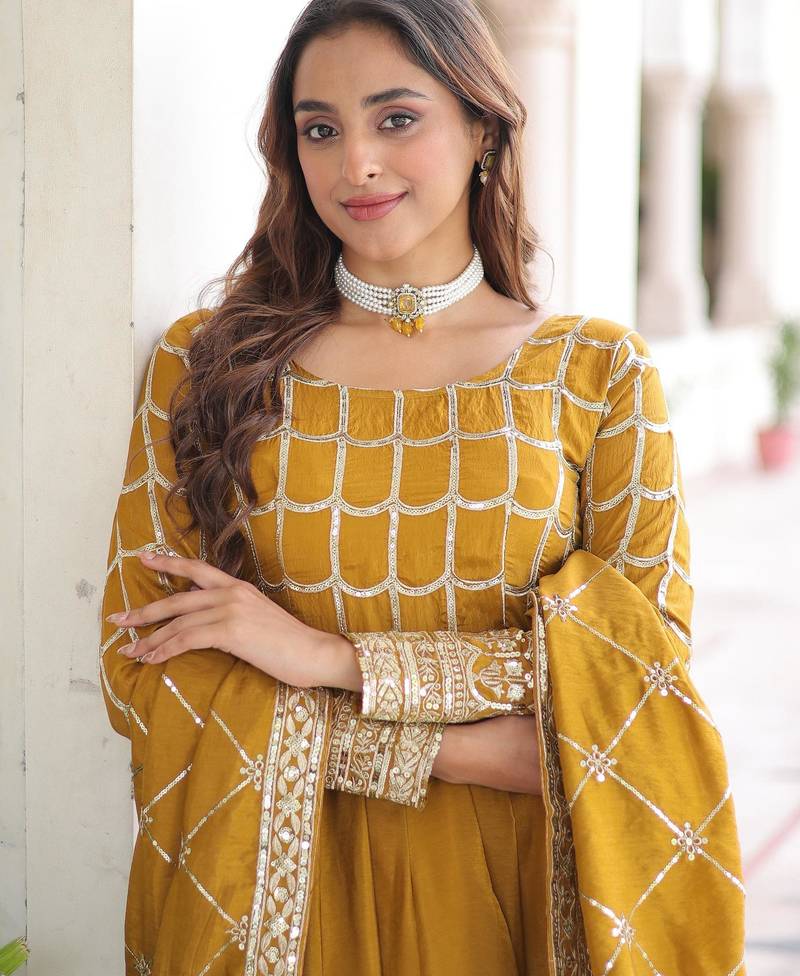 Mustard vichitra readymade anarkali suit with zari embroidery & sequence work