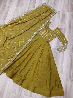 Mustard vichitra readymade anarkali suit with zari embroidery & sequence work 3