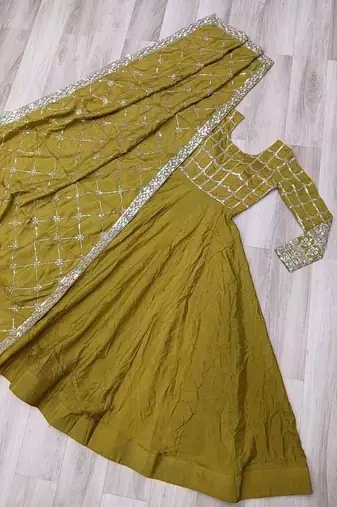 Mustard vichitra readymade anarkali suit with zari embroidery & sequence work