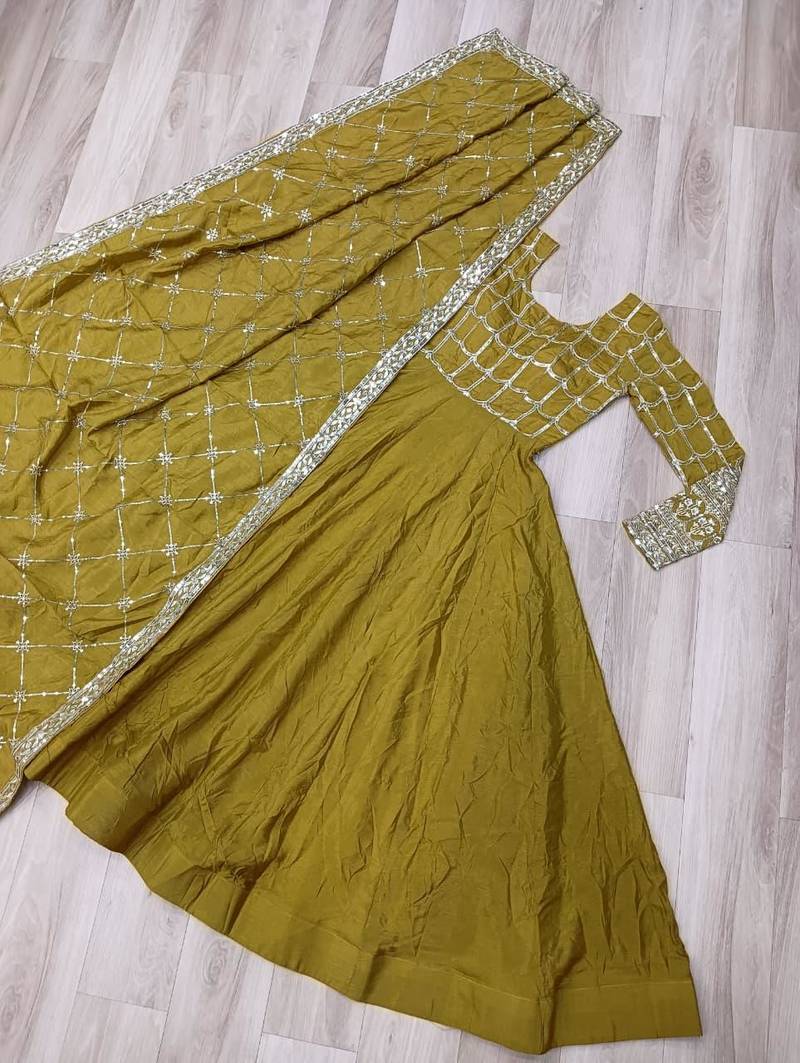 Mustard vichitra readymade anarkali suit with zari embroidery & sequence work