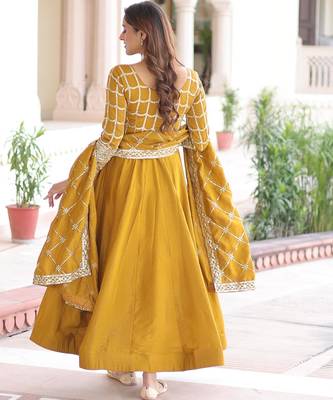 Mustard vichitra readymade anarkali suit with zari embroidery & sequence work 4