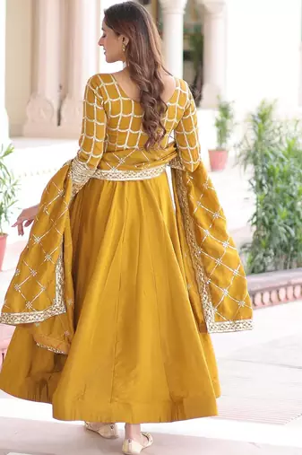 Mustard vichitra readymade anarkali suit with zari embroidery & sequence work