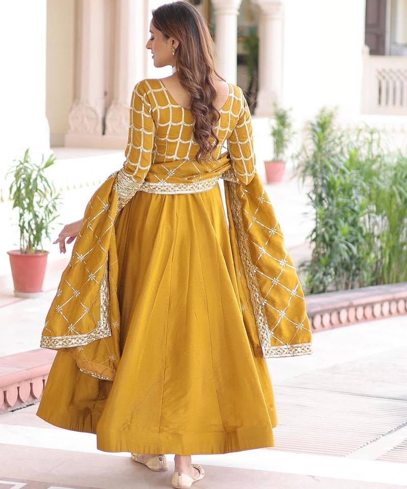 Mustard vichitra readymade anarkali suit with zari embroidery & sequence work