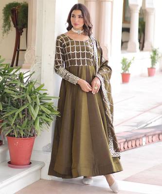 Mehendi vichitra readymade anarkali suit with zari embroidery & sequence work 1